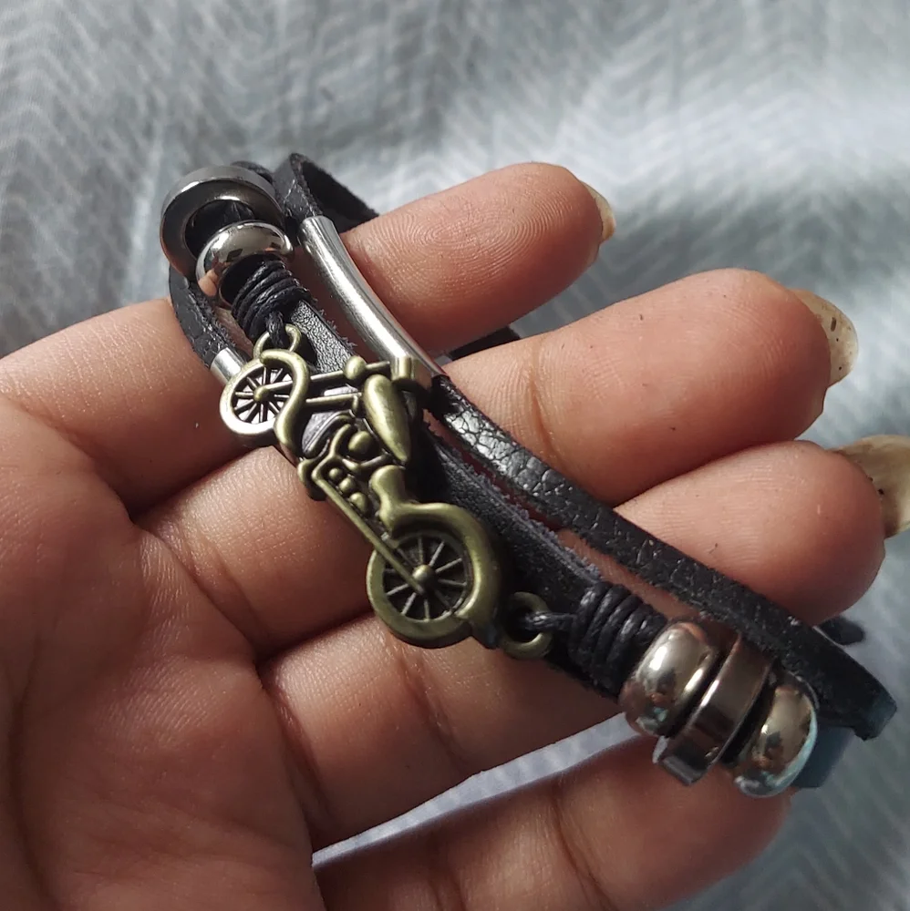 Brass motorcycle Charm Leather Bracelet Adjustable - Picture 2 of 5